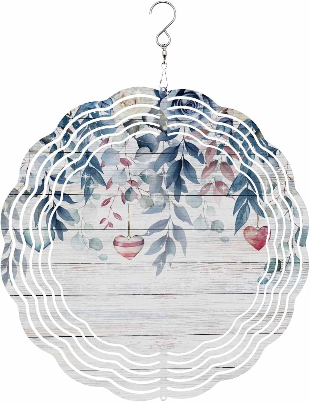 Valentines Day Floral Leaf Wind Spinners for Yard and Garden, Metal Wind Spinner Hanging for Outdoor Indoor, Rustic Wood Grain Porch Garden Wind Sculptures Spring Summer Ornament Spinner 10inch(Round)