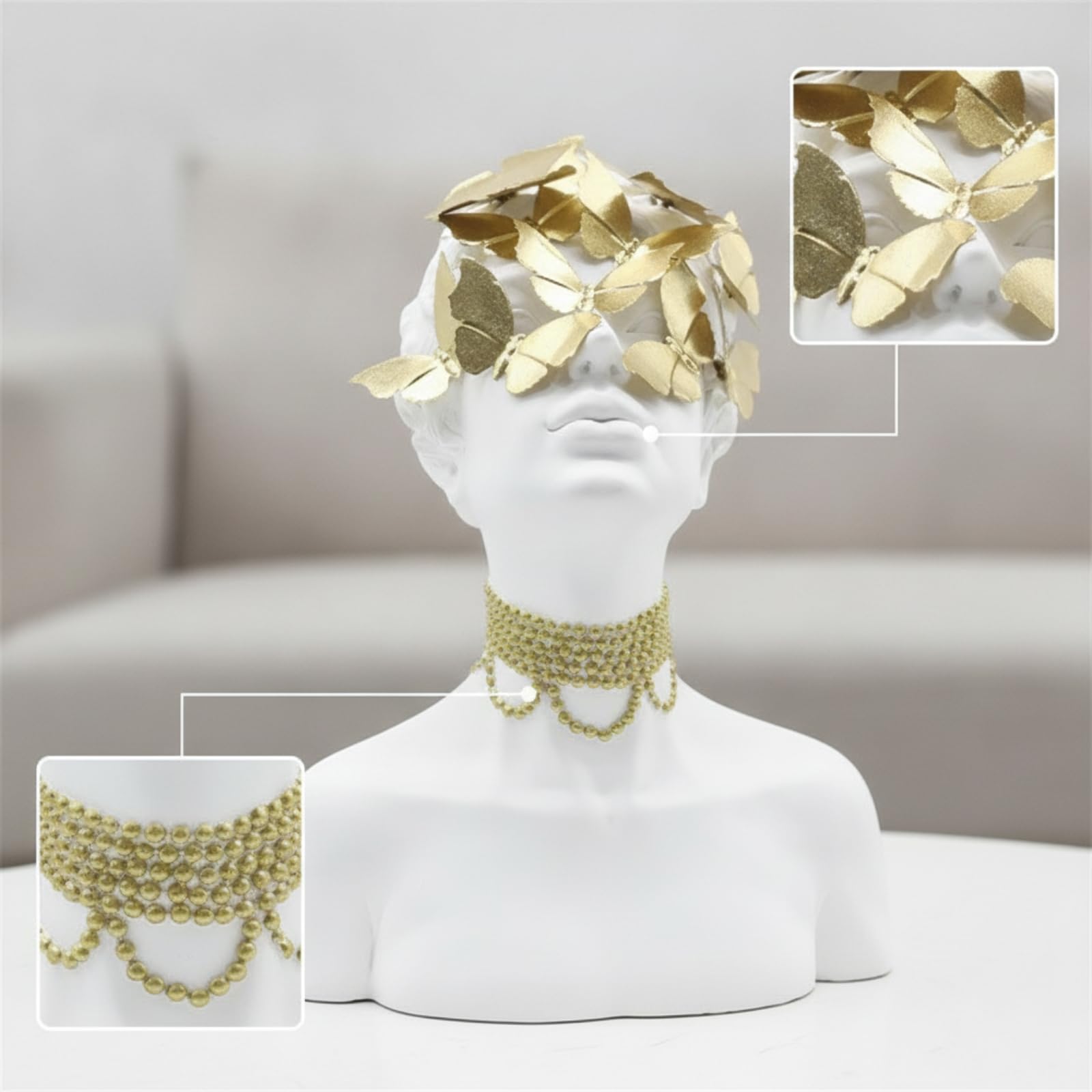 Figurilla de Resina Ornamento Moderno Busto Femenino Estatua Decorativa Escultura de Mesa con Mariposas y Collar Decorativo Adecuada para Sala de