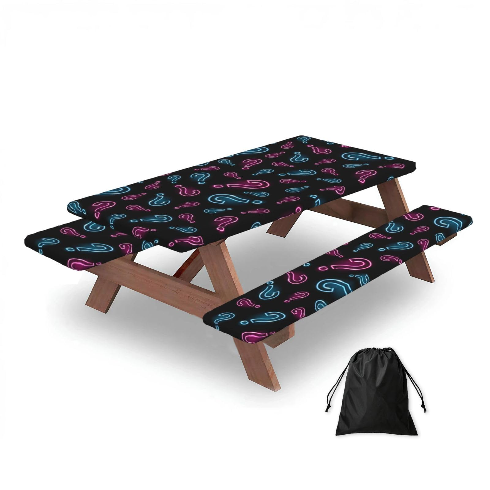 Neon Question Mark Seamless, Picnic Table Cover With Bench Covers -Waterproof Elastic Fitted Tablecloth for Garden Camping Patio 76x152cm