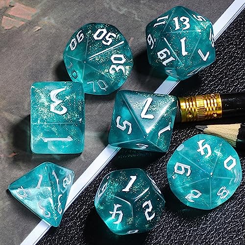 CiaraQ Polyhedral Dice Set, 7 Pieces Acrylic RPG Dice for D&D with Black Velvet Bag – Translucent Teal – Standard Size – Ages 14+ — view 5