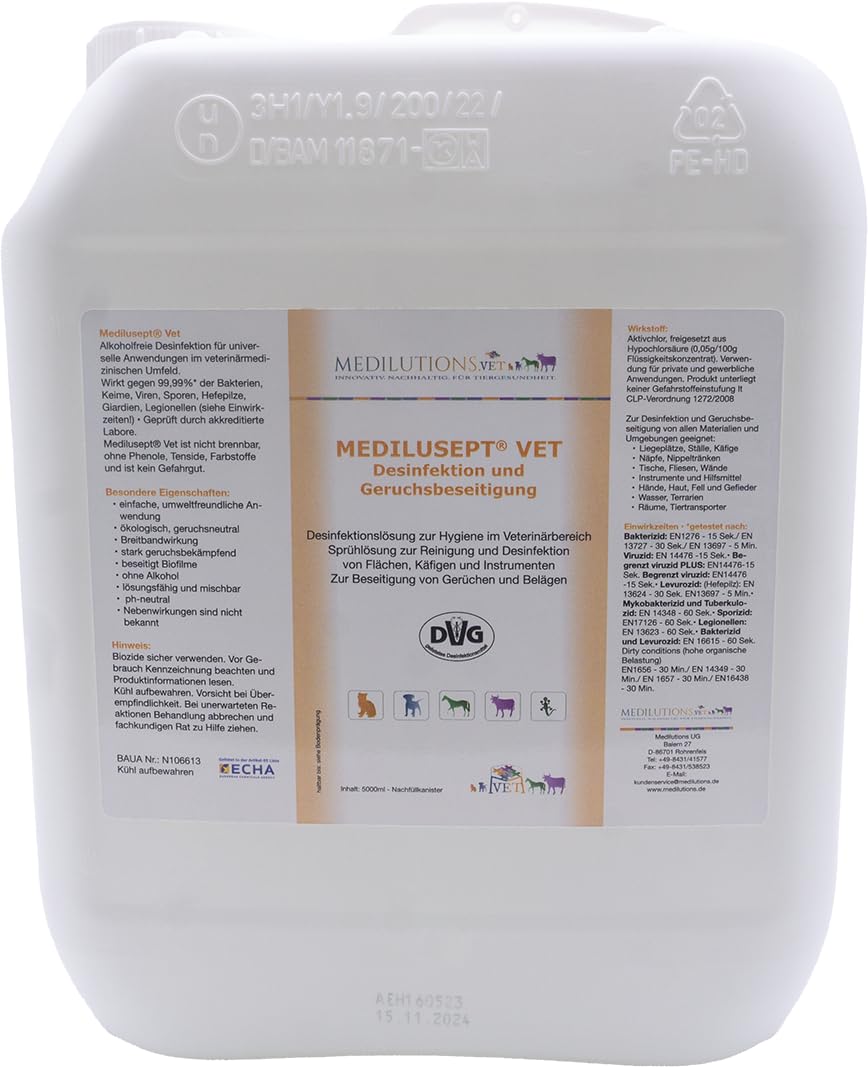 Vet Desinfektion und Geruchsbeseitigung, Desinfektionsmittel gegen Giardien, Viren, Pilze, Parasiten und Bakterien, alkoholfreies Hygiene-Spray für Hautiere, 5000 ml