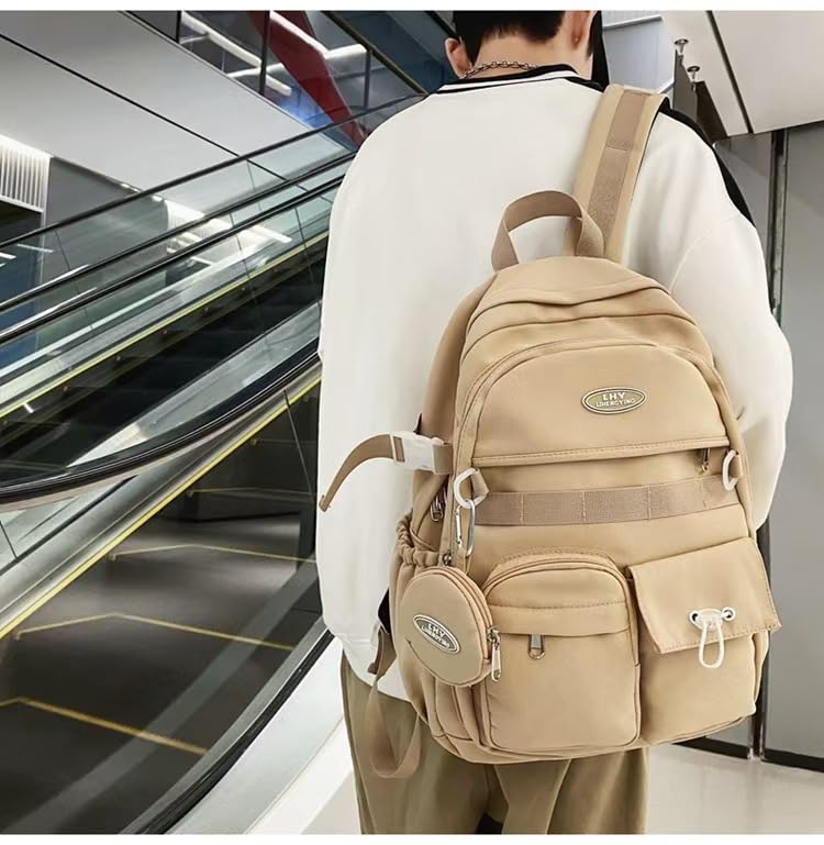 2025 Trendy Backpack for Women Men Aesthetic Laptop Backpack Large Computer Bag Preppy Daypack with Coin Purse (Khaki)3