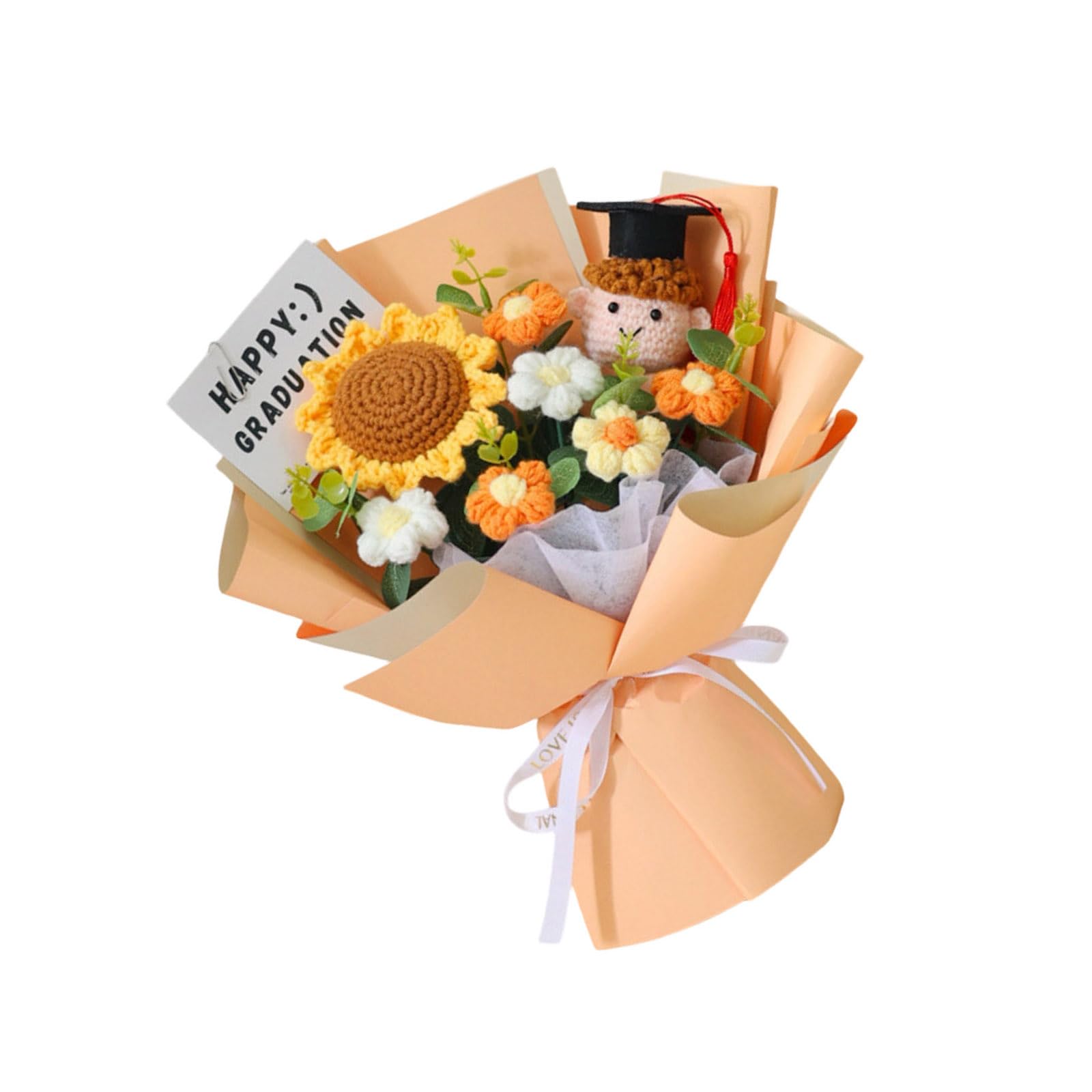 Msioytog Artistic Crochet Graduation Bouquets Long Time Knitted Flowers Permanent Graduation Girls Boys 25x35cm Lemon Knitted Blossomy Gift