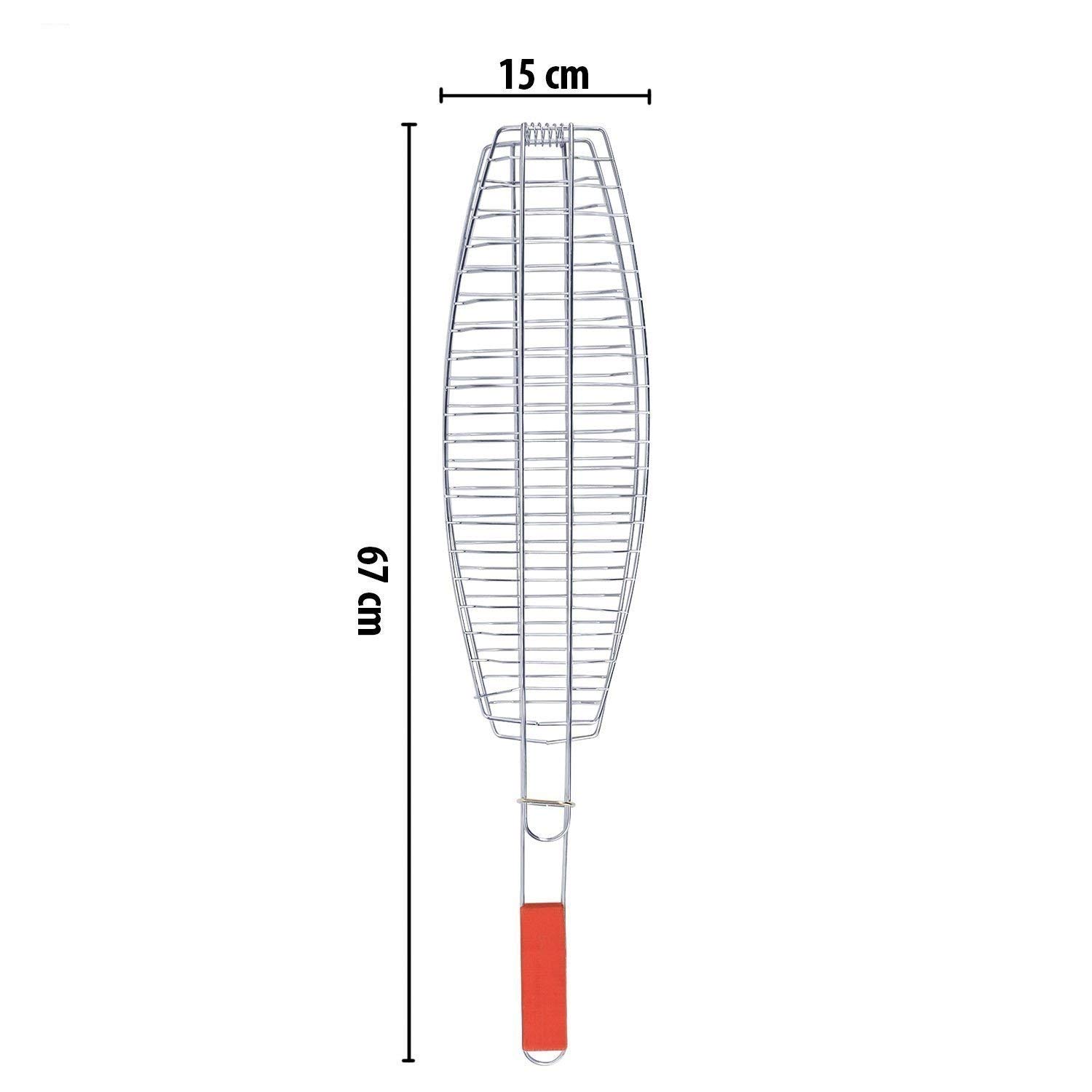 LOMESH Chromium Plated Portable Barbecue Fish BBQ Grill Net Basket Roast Grilling Tray BBQ Clip Folder Grill Barbecue Mesh Camping Grill Hinged Basket with Wooden Handle for Fish Meat Vegetables - Image 5 thumbnail