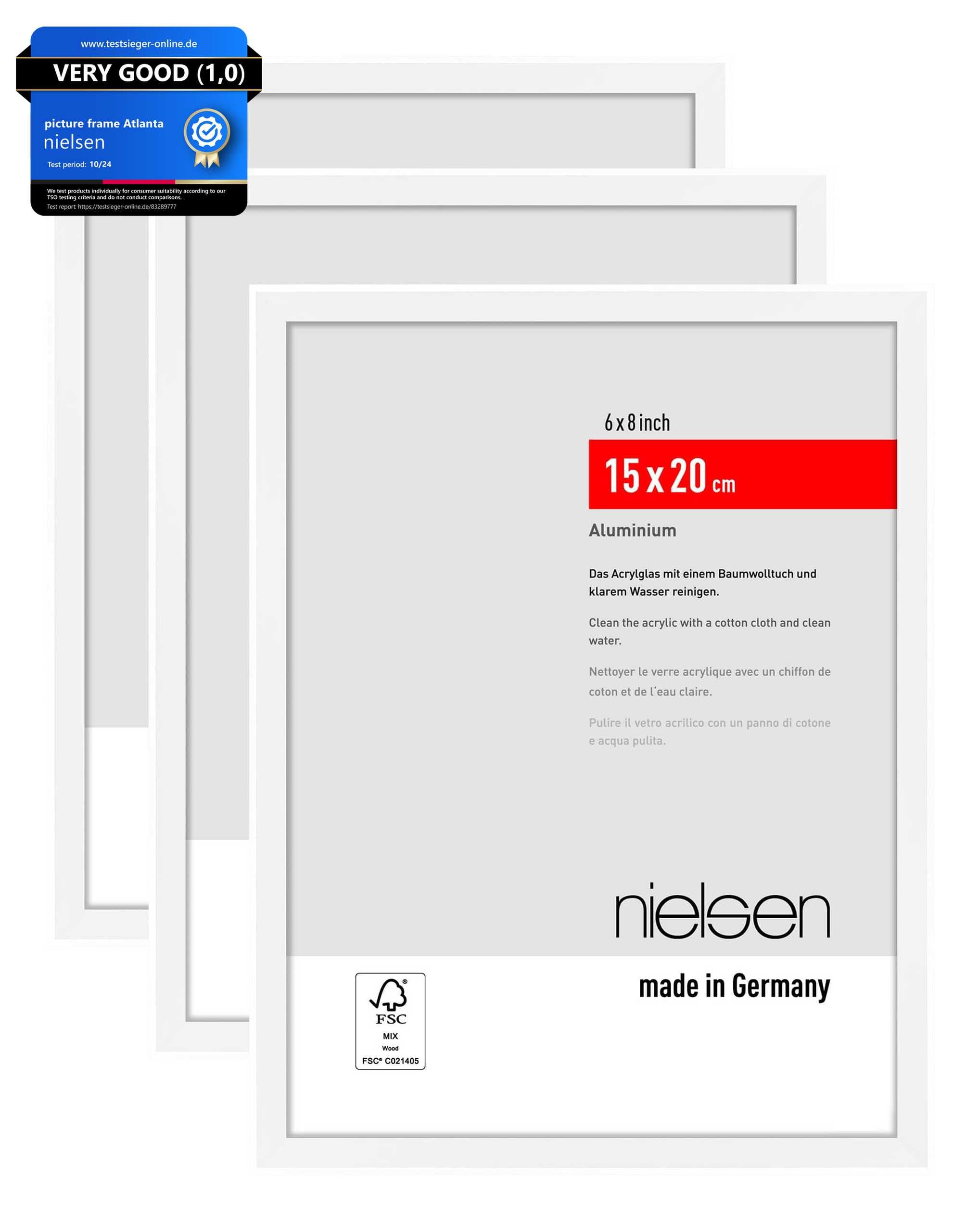 nielsen Atlanta Aluminium Picture Frame - Matt White 15x20cm (Pack of 3) - with Synthetic Glass and Push-Turn Clips