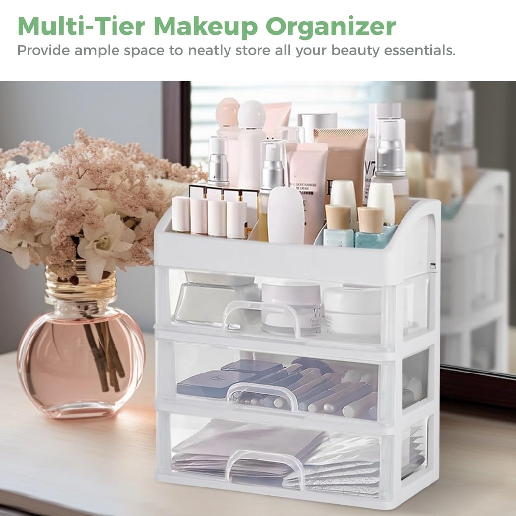 Organisateur Maquillage, boîte de Rangement cosmétique pour Coiffeuse, avec 3 tiroirs Transparents, Rangement Soins pour Commode, Chambre, Salle de Bain, Blanc