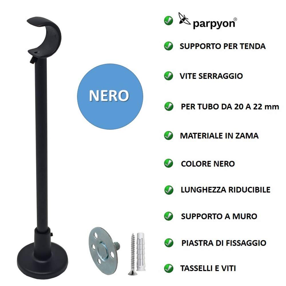 parpyon® 2 Supporti per bastoni Tende in Metallo da 20-22mm, staffe Bastone Tenda - Corrimano ringhiera a muro, Materiale Resistente per Appendi Prodotto Italiano (859N, 20-22MM)