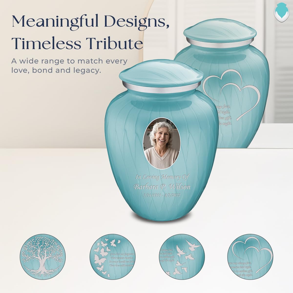 Geturns Embrace Adult Personalized Heart Cremation Urns for Human Ashes I Large Picture Pearl Light Blue Funeral Urn for Adult Men and Women with Double Side Engraving I 200 lbs