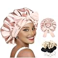 Candibella Silk Bonnet With 3 Scrunchies, Adjustable Hair Cap for Sleeping, Satin Bonnet for Curly Hair With Soft Jersey
