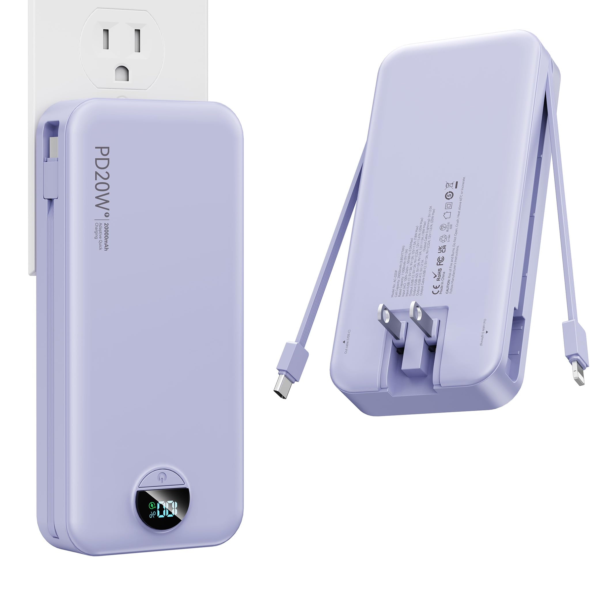 Nusyddy Portable Charger 20000mAh Fast Charging w/Built-in Wall Plug Purp.
