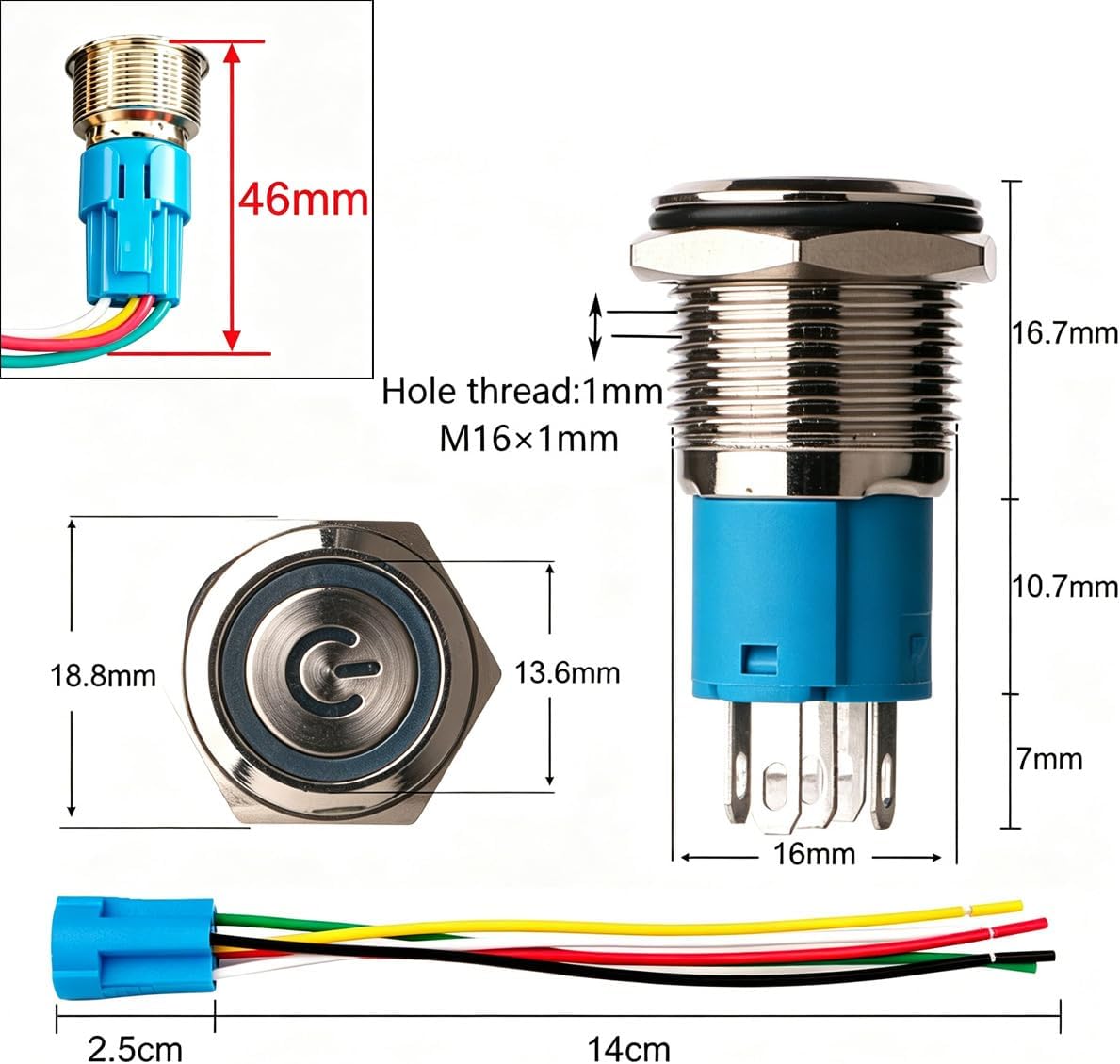 Gebildet 2 Pieces 0.63''/16mm Stainless Steel Latching Push Button Switch 12V-24V/5A Power Symbol LED 1NO1NC SPDT ON Off Waterproof Toggle Switch with Wire Socket Plug (Blue LED)