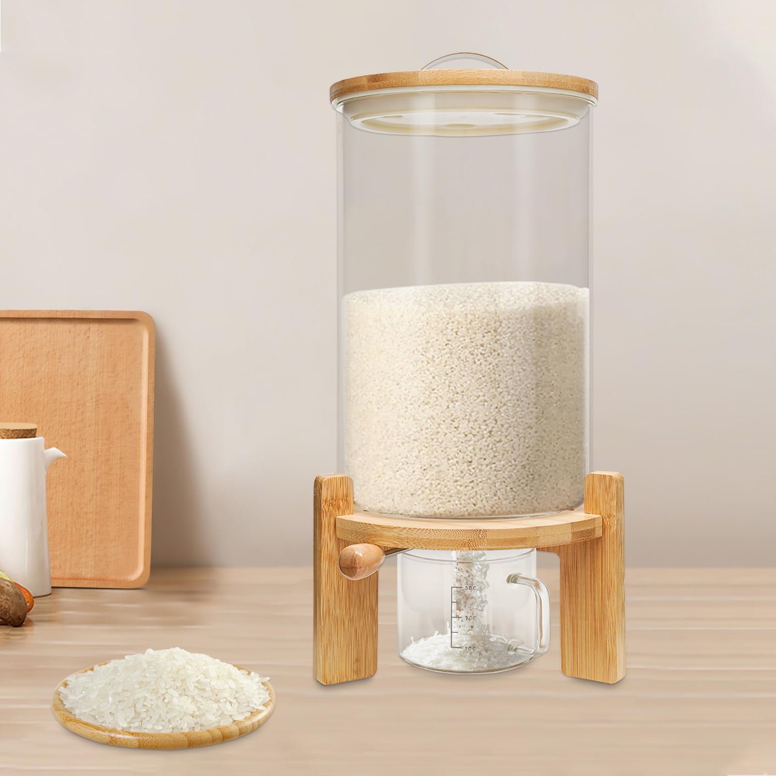 GXFCHYL Glass Rice Dispenser Flour and Cereal Glass Container Dry Food Dispenser Rice Oatmeal Dispenser Cereal Food Storge Container with Airtight Lid Wooden Stand and Measuring Cup (7.5L)