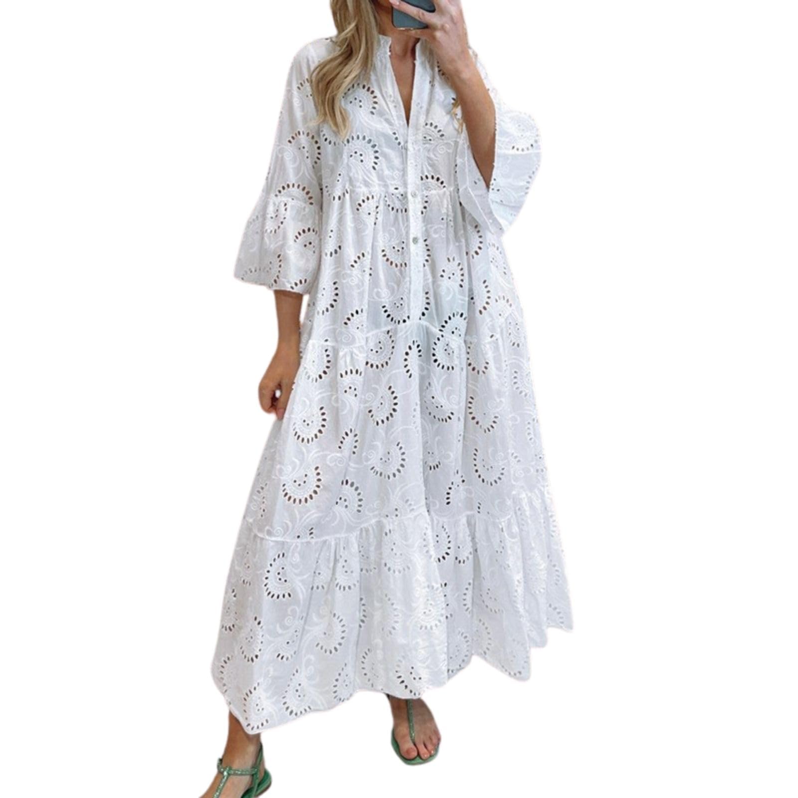 Lace Maxi Dress for Women Summer Trendy Plus Size 3/4 Sleevee V Neck Long Flowy Cotton Eyelet Dress