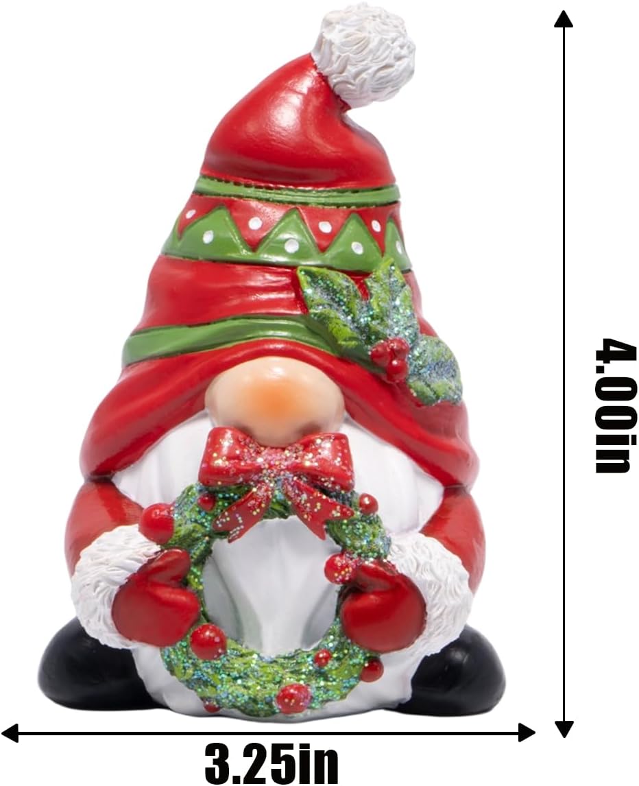 Hodao Christmas Gnome Figurine – Resin Holiday Decorations for Home, Indoor Tabletop Decor, Red & Green Hat with Wreath, Hand-Painted Mini Ornaments, 4.0" Tall Cute Collectible Gift - Image 3