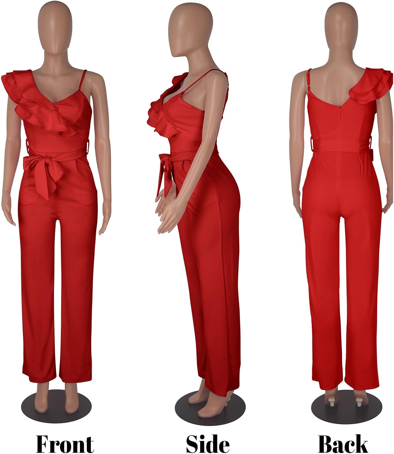 kaimimei Womens Casual Jumpsuits V-Neck Sleeveless Ruffle Backless Belted Wide Leg Pant Sexy Romper Party Clubwear - Image 5