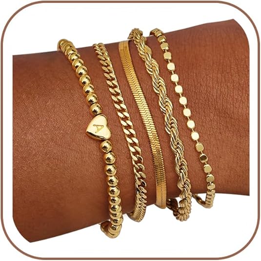 doubgood Gold Bracelets for Women Stackable, 14K Gold Plated Waterproof Bracelet Set, Dainty Adjustable Gold Bracelet Stack with Heart Initial Charm Layered Chain Jewelry Gifts for Women