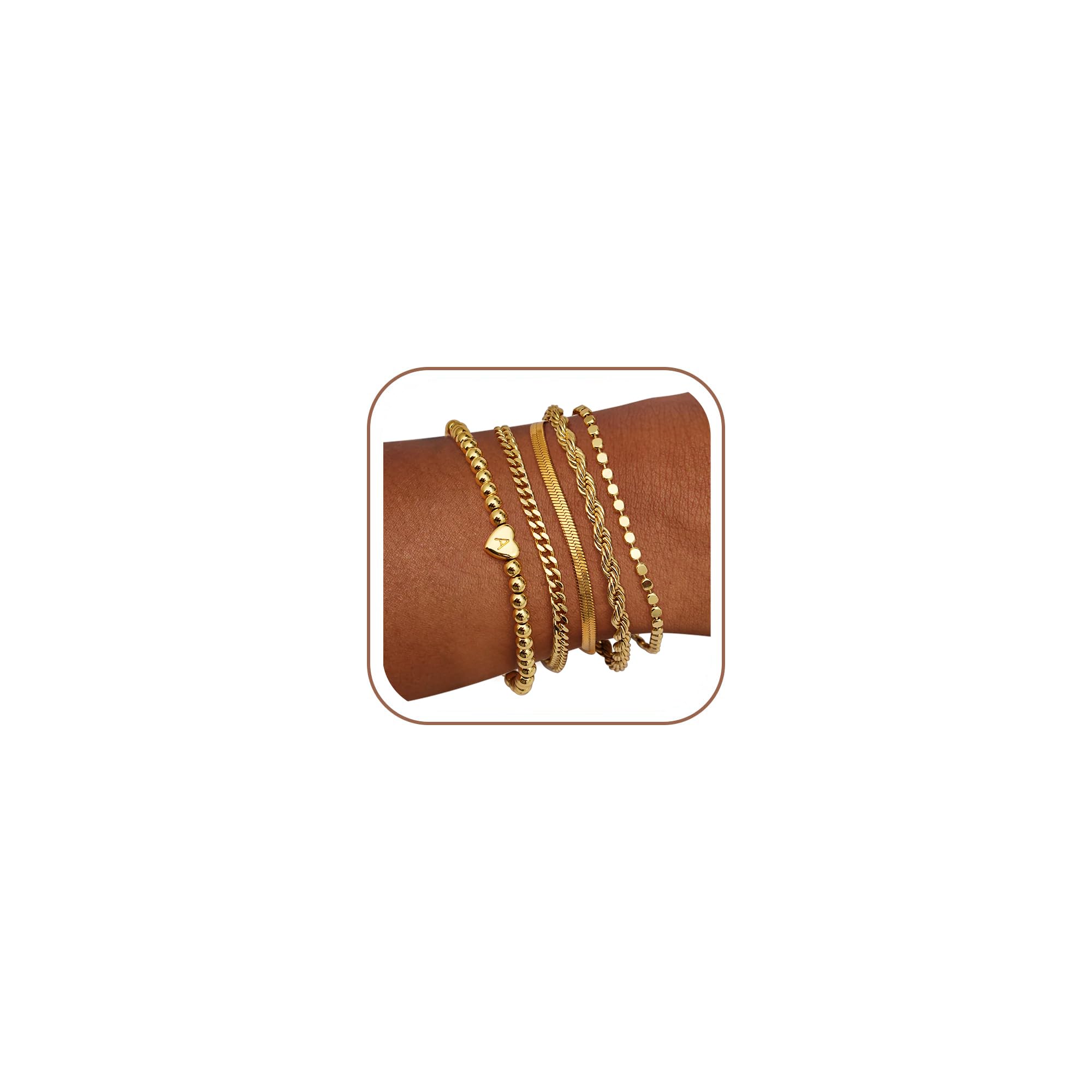 doubgood Gold Bracelet for Women 5 Layer Stack Initial Heart Charm Jewelry
