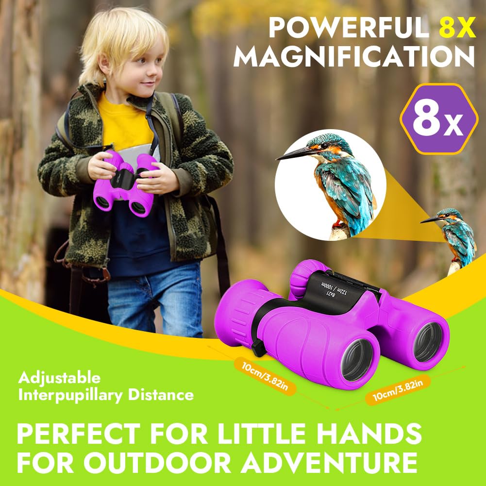 Binocolo per bambini, regali per bambini per bambini e bambine, forte ingrandimento 8X21, binocolo con lente d'ingrandimento e bussola, giocattolo per 3-12 anni (viola)