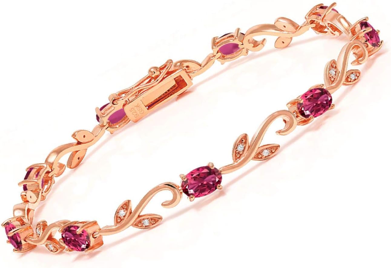 Gem Stone King 4.40 Ct Oval Pink Tourmaline White Diamond 18K Rose Gold Plated Silver Bracelet For Women
