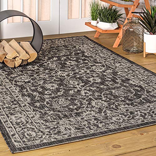 Image of JONATHAN Y Vine and Border Indoor Outdoor Area Rug 5X8 Black /Gray, Palazzo Textured Weave for Backyard, Patio, Porch, Easy-Cleaning, High Traffic, Pet-Friendly, Non-Shedding (SMB103C-5)
