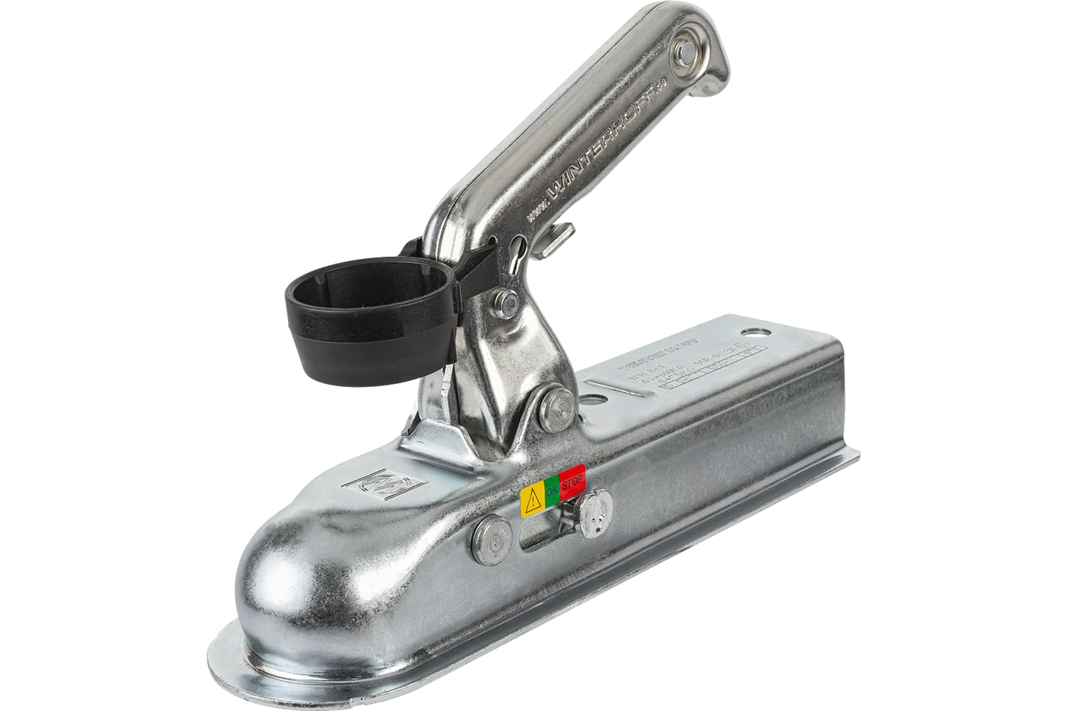 WINTERHOFF Kugelkupplung WW 8-E+HAL für Anhänger bis 800 kg, Vierkantdeichsel 50 mm, Stützlast 75 kg, Lochabstand 90 mm, Ø11 mm, mit Steckdosenhalter, Verschleißanzeige, verzinkt