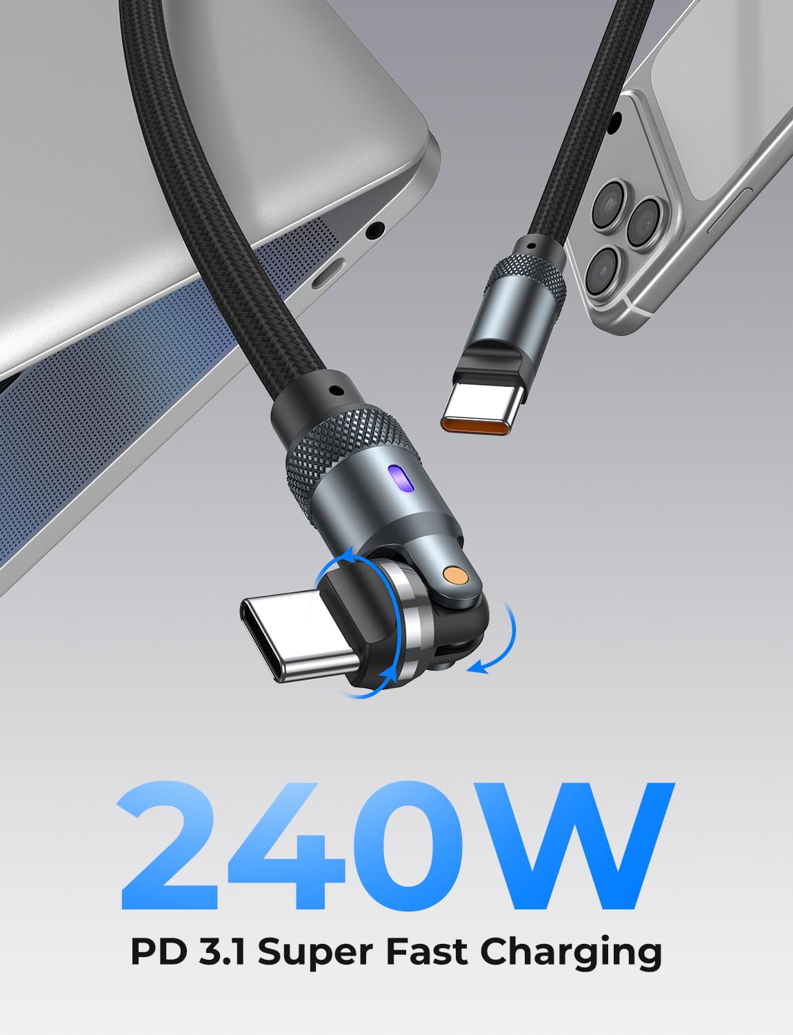 Cable USB C de carga rápida (6 pies), cable USB C a USB C de 240 W