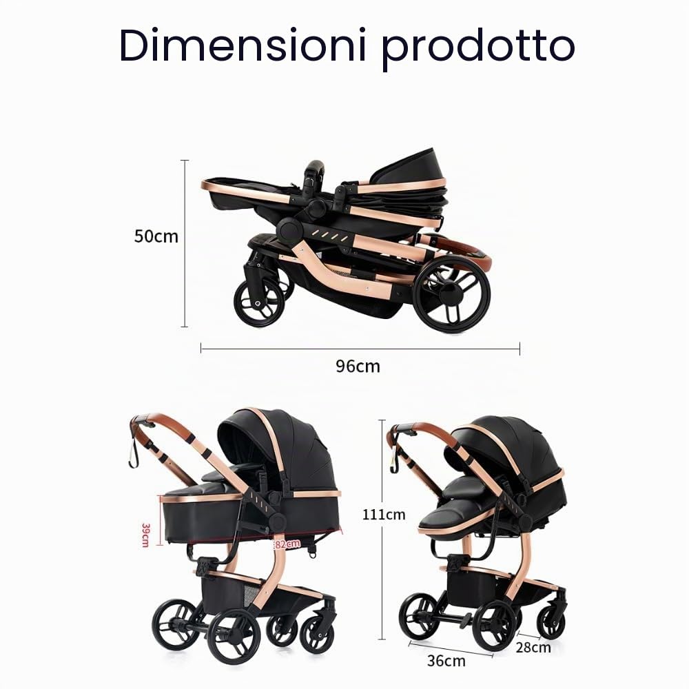 Trio Passeggino Pieghevole, Altezza Regolabile, Vista Panoramica, Bianco | Design innovativo, solido e sicuro. Include borsa mamma e marsupio inclusi nel set