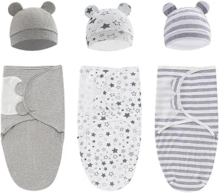 Exemaba Baby Swaddle Blanket with Hat for 0-3 Months 3-Pack Unisex Cotton Adjustable Infant Swaddle Wrap Newborn Swaddle Set for Infant Girls Boys(Grey Set)