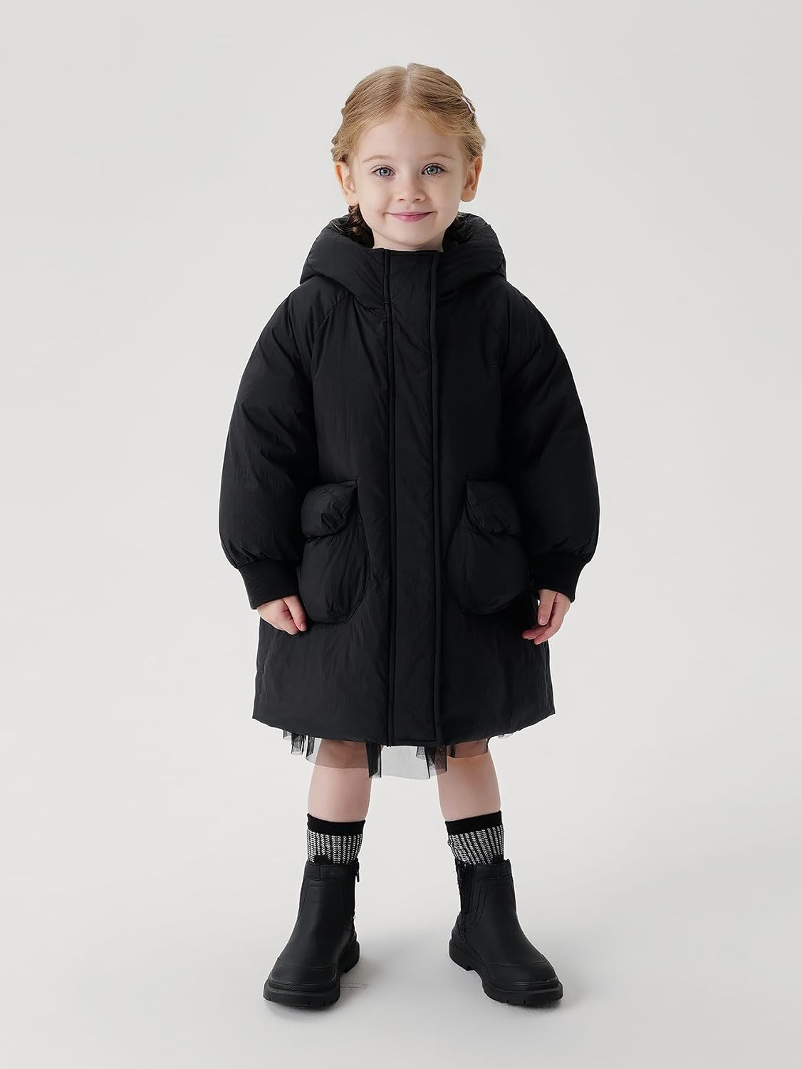 marc & janie Girls Ultralight Mid-Length Hooded Down Jacket Full Zip Coat Warm Outerwear 241611