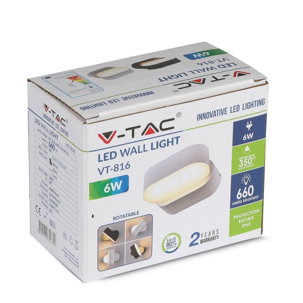 V-TAC Nowoczesna lampa LED obracana pojedyncza głowica – wodoszczelna IP65 – regulowany kąt oświetlenia 6 W, aluminium 4000 K światło dzienne [kompatybilny z czujnikiem] aluminium 6 W, biały korpus