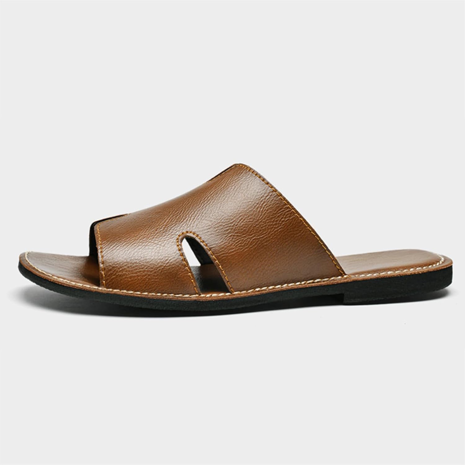 Men's Genuine Leather Flat Slides Sandals Summer Classic Round Open Toe Slip On Softsole Male Sandals for Beach Walking Slides - Image 7