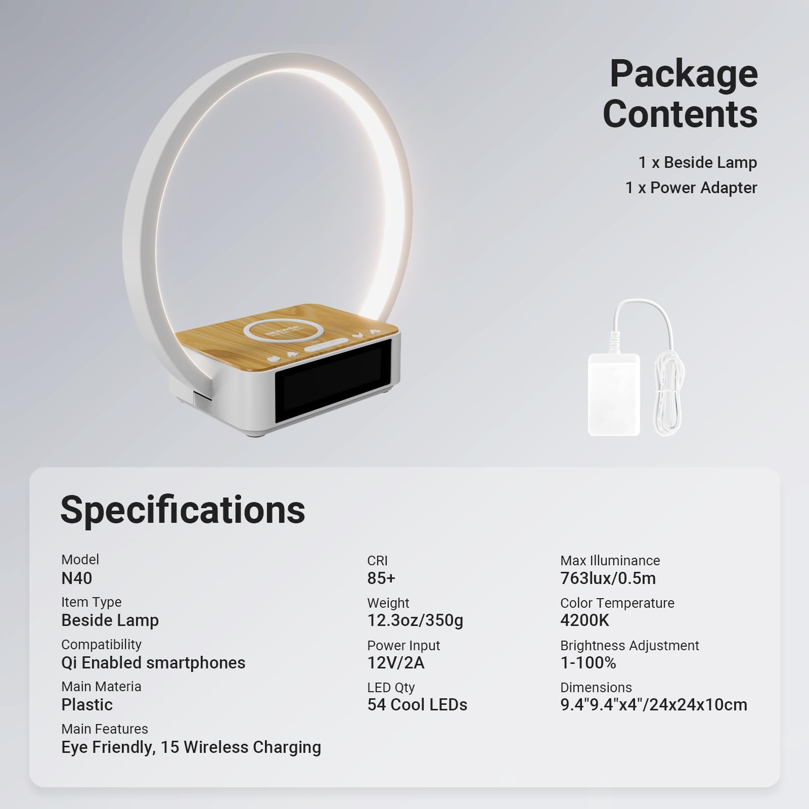 NEEWER Entry Level Version Bedside Lamp con 15W Carga Inalámbrica Compatible con iPhone AirPods,Sunrise Alarm Clock, Dimmable Aro Foco Luz Desktop LED Táctil para Dormitorio Mesita Noche Lectura, N40