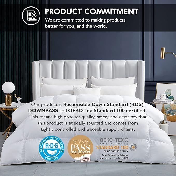 Luxurious White Solid Heavy Weight, Oversized Queen Size Goose Feathers Down Comforter for Winter Weather Duvet Insert, Premium Baffle Box, 100% Egyptian Cotton Cover, 70 oz. Fill Weight