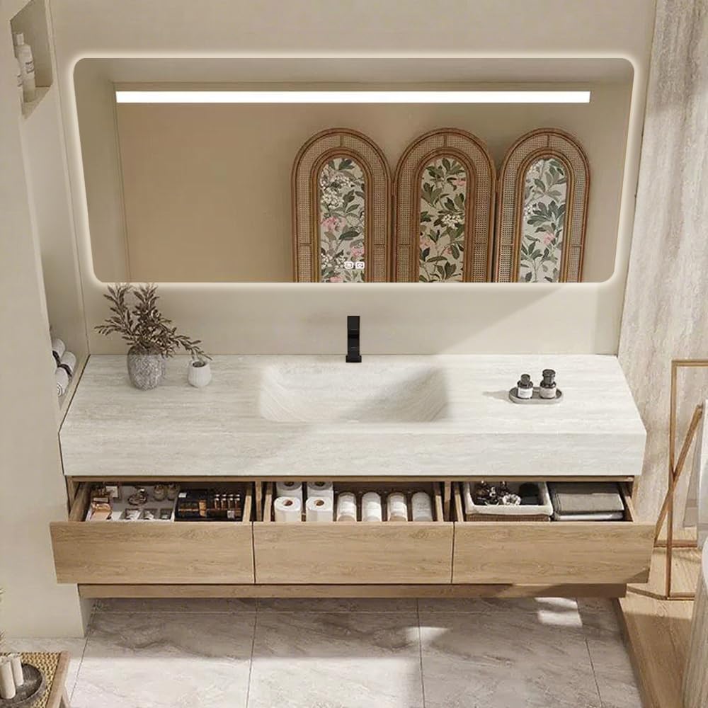 Generisch Set di lavandini da parete in pietra sinterizzata, effetto travertino, con specchio, mobiletto inferiore, ripiano e scarico, con foro per rubinetto, RW9865 (140 x 55 cm)
