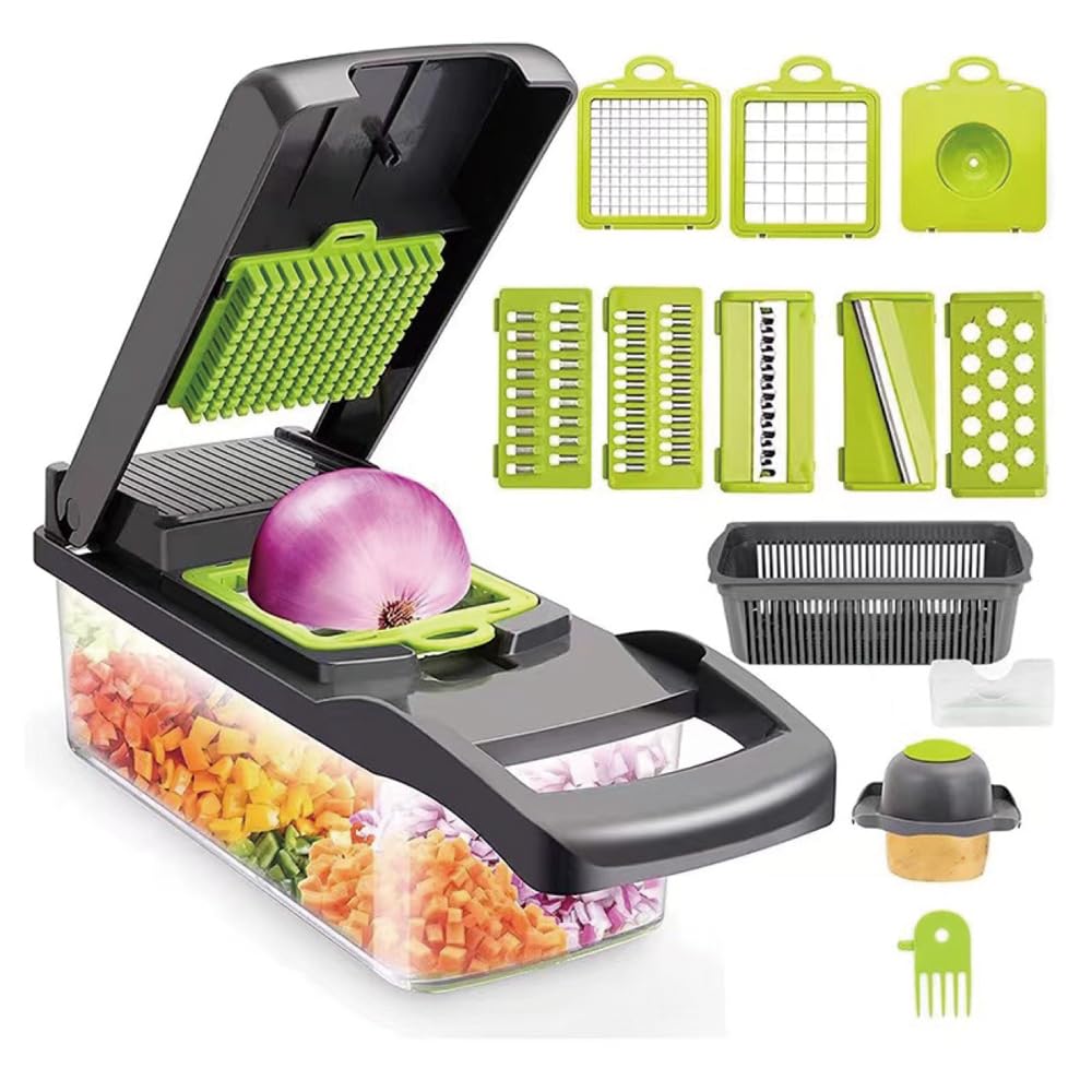 DWIRWLC Vegetable Chopper 16 in1 Multifunctional Grater Home Kitchen Essentials Utensils Set Accessories Onion Garlic Fruit Cutter Cucumber Tomato Potato Slicer (gray-green)