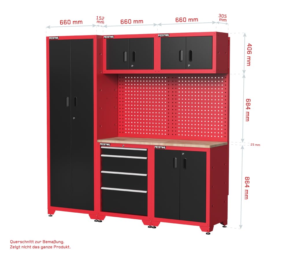 Werkstatteinrichtung | Werkzeugschrank Juno 14 | inkl. Lochwand | Schwarz/Rot | 264x46x198 cm