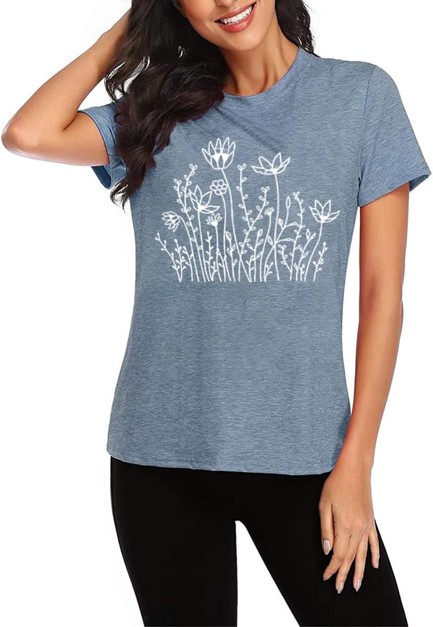 Women Graphic Tees Cute Nature Flower Printed Funny Short Sleeve Tops Vintage Novelty Casual Teacher Shirt - Image 3