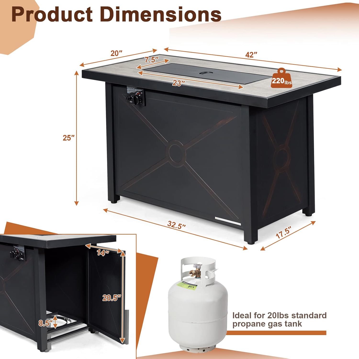 DORTALA 42'' Rectangular Propane Gas Fire Pit Table, 60,000 BTU Heater Outdoor Table W/Cover, Propane Heater, Burner Stove Fire Table for Outdoor Use, Black & Natural