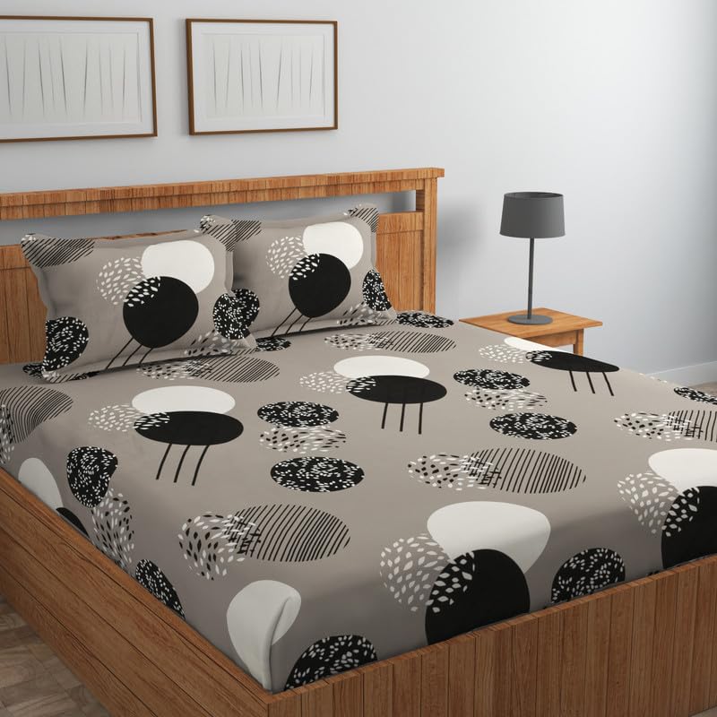 NEW LEAF Pure Cotton Flat Double Bedsheets with 2 Regular Size Pillow Covers | Double Bed Breathable | Wrinklefree | Ultrasoft 200 to 220 tc Supersoft Polkadot | 90×90 Inches, Grey & White