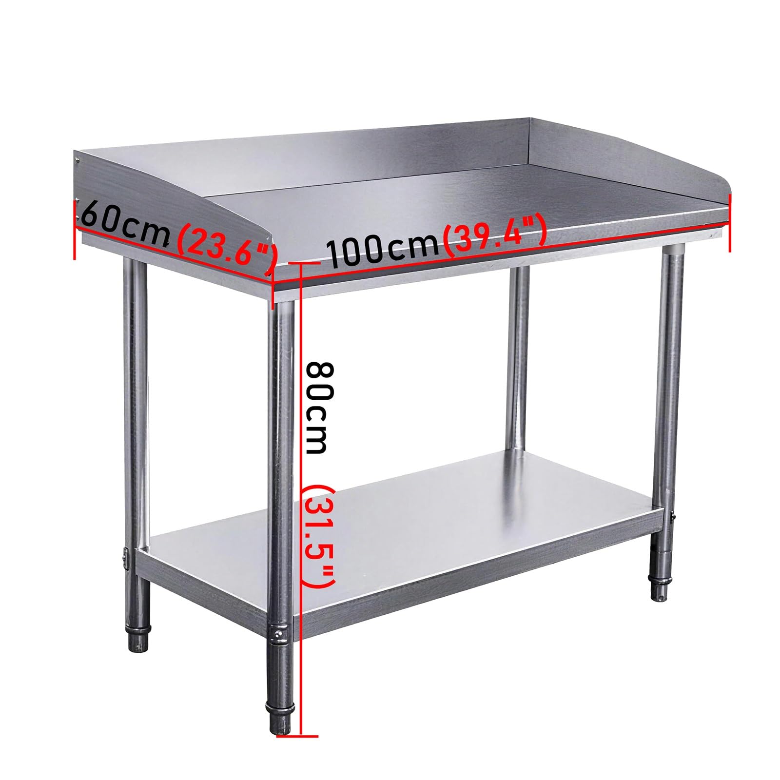 Tavolo da Cucina a 2 Ripiani con 3 Sponde Laterali Angoli Arrotondati Assemblaggio con Viti Tavolo da Lavoro Acciaio Inossidabile con Rinforzo Triangolare Piedini Regolabili Facile da Riporre Ripiano
