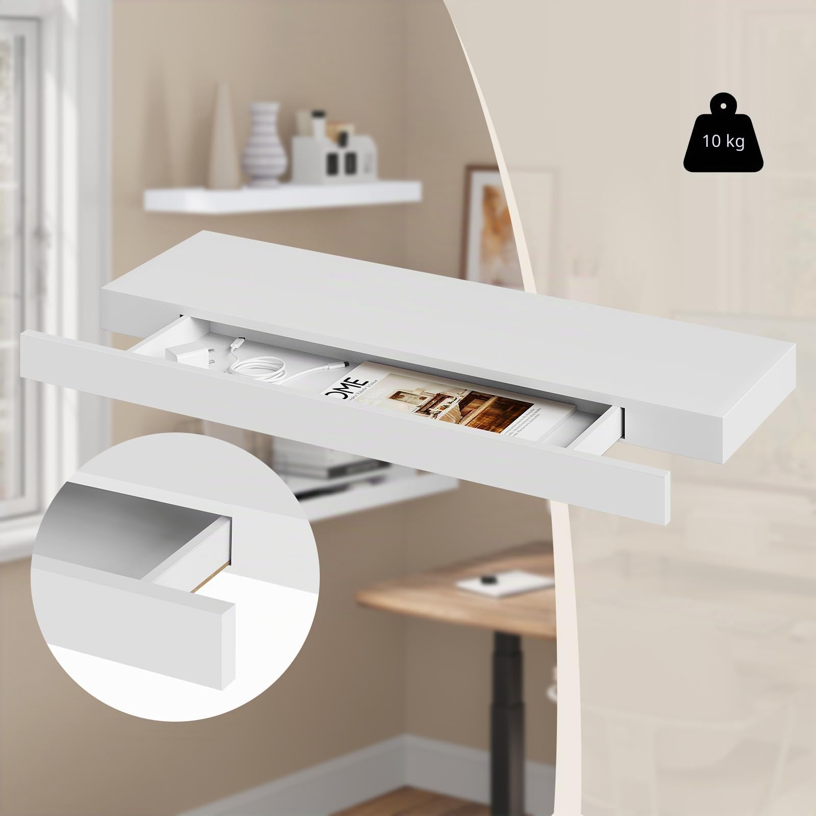 WOLTU étagère Murale Tablette Flottante en MDF avec 1 Tiroir, Fixation Cachée, pour Salon, Bureau, Chambre, Cuisine, Blanc RG9345ws