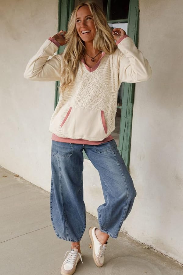 VibrantTSing Chic White Hoodie with Contrast Trim – Exposed Seam Crochet Knit for Daily Wear, L by VibrantTSing - Image 5