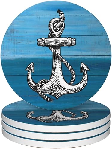 Juego de 4 posavasos de anclaje para bebidas, juego de 4 pulgadas, fondo de madera absorbente, cerámica de diatomita, posavasos náuticos para mesa
