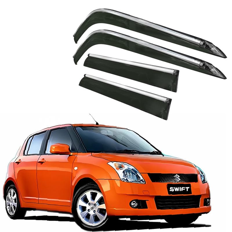 Image of CAR SAAZ Side Door Visors for Swift Type 1-3(2005-2010)(Set of 4Pcs)|Chrome Lined Rain Guards, Polycarbonate, Smoke Finish