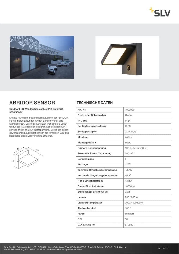 SLV luminaria de superficie de pared ABRIDOR SENSOR / iluminación para paredes, caminos, entradas, foco led de exterior, luminaria de superficie de exterior / IP54 3000/4000 K 14 W 750 lm antracita