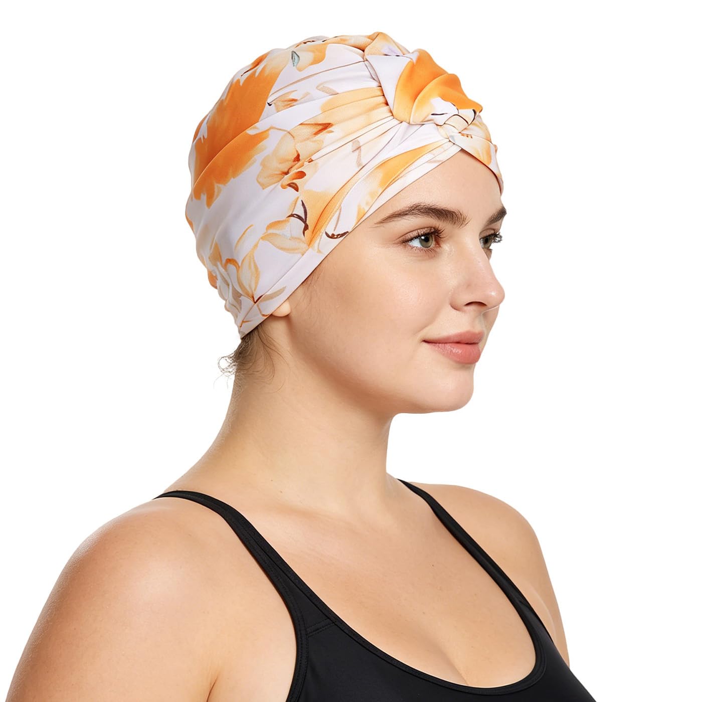 Women Swimming Cap Ear Protection Swim Cap Non-Waterproof Elastic Bathing Shower Hat Pleated Fabric Pool Beach Surfing Water Sports Hair Bonnet Beanie Chemo Sleep Head Wrap Turban for Long Short Hair