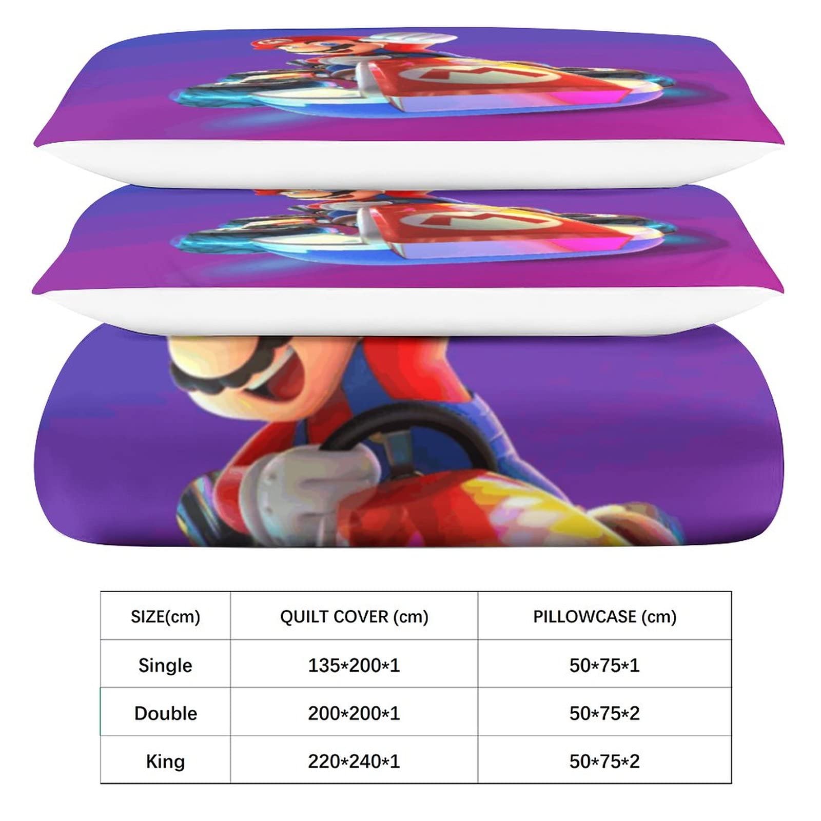 Ensemble Housse De Couette Mario Kart 3D Impression King 220x240 Cm + 2 Taies D'Oreiller – Microfibre Ultra Douce Et Respirante Pour Chambre Enfant Ou Ado