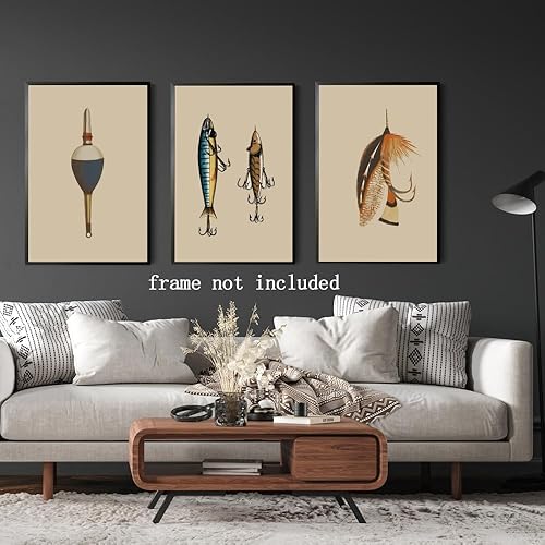 Miniatura 4 de Juego de 3 piezas de arte de pared de pesca vintage, con mosca y gancho, impresiones de equipo de pesca retro, carteles de pesca antiguos, cueva de