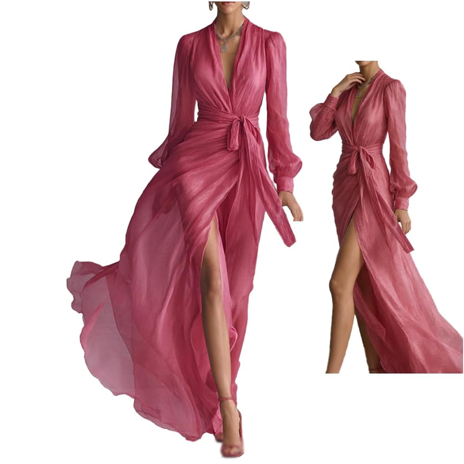 Generico Abito Lungo Elegante da Donna in Chiffon Rosa Perlato, Scollo a V, Cintura in Vita, Modello Bodycon con Arricciature e Orlo a Balze (Rose Red,XL)