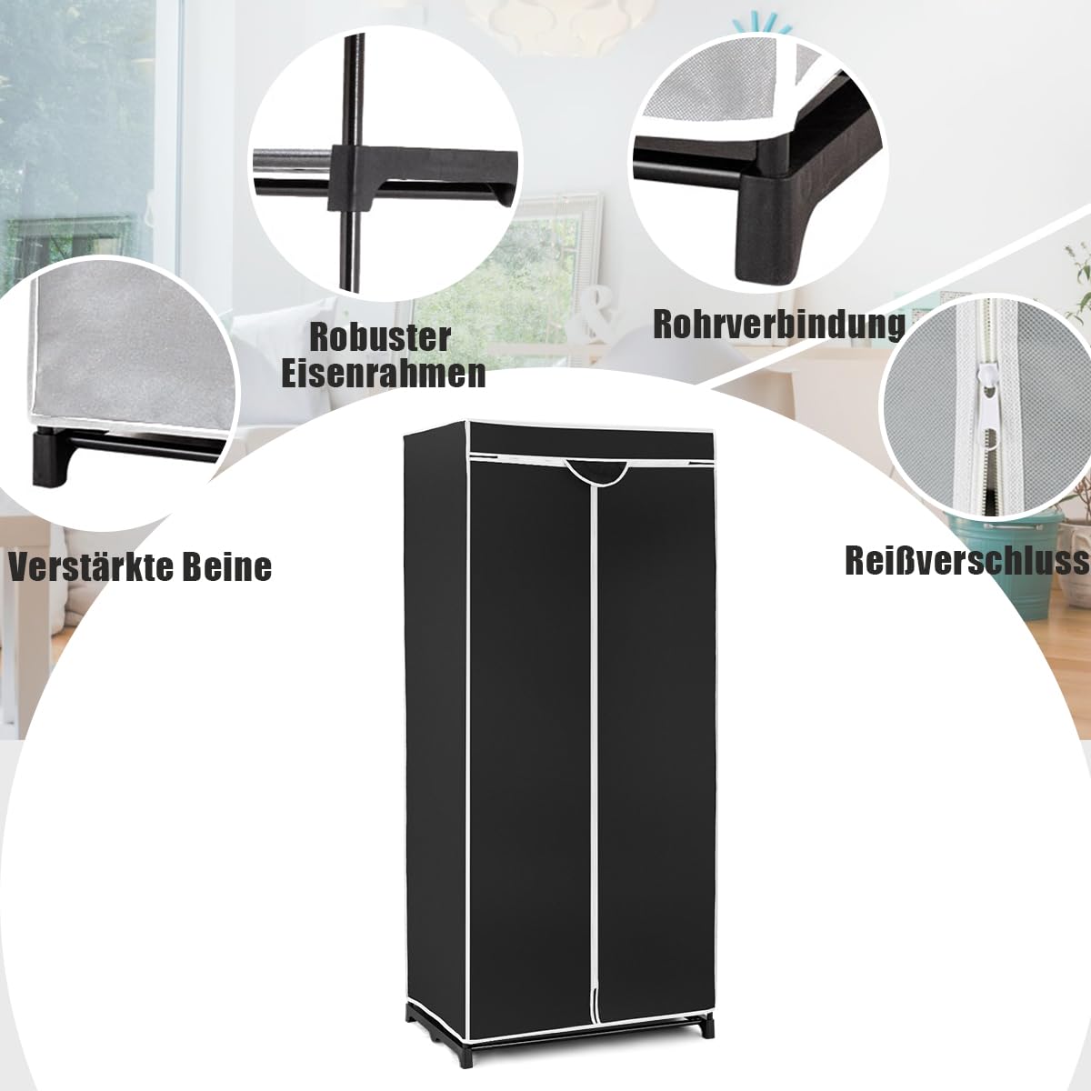 SOARS Kleiderschrank, Stoffschrank mit Kleiderstange stabil & Ablage, Kleiderschrank Stoff mit Metallgestell, Faltschrank 74 x 50 x 172 cm, für Schlafzimmer, Ankleidezimmer (Schwarz)
